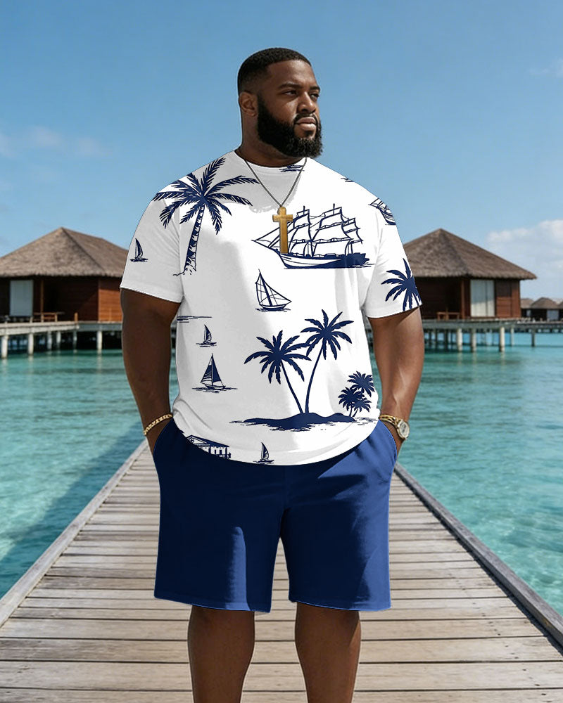 Big & Tall Men's Hawaiian Coconut Tree Cruise Ship Print Crewneck Short Sleeve T-Shirt Shorts Set