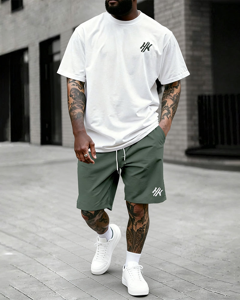 Big & Tall Men's Dark Brown Letter Print Round Neck Short Sleeve T-Shirt and Shorts Set