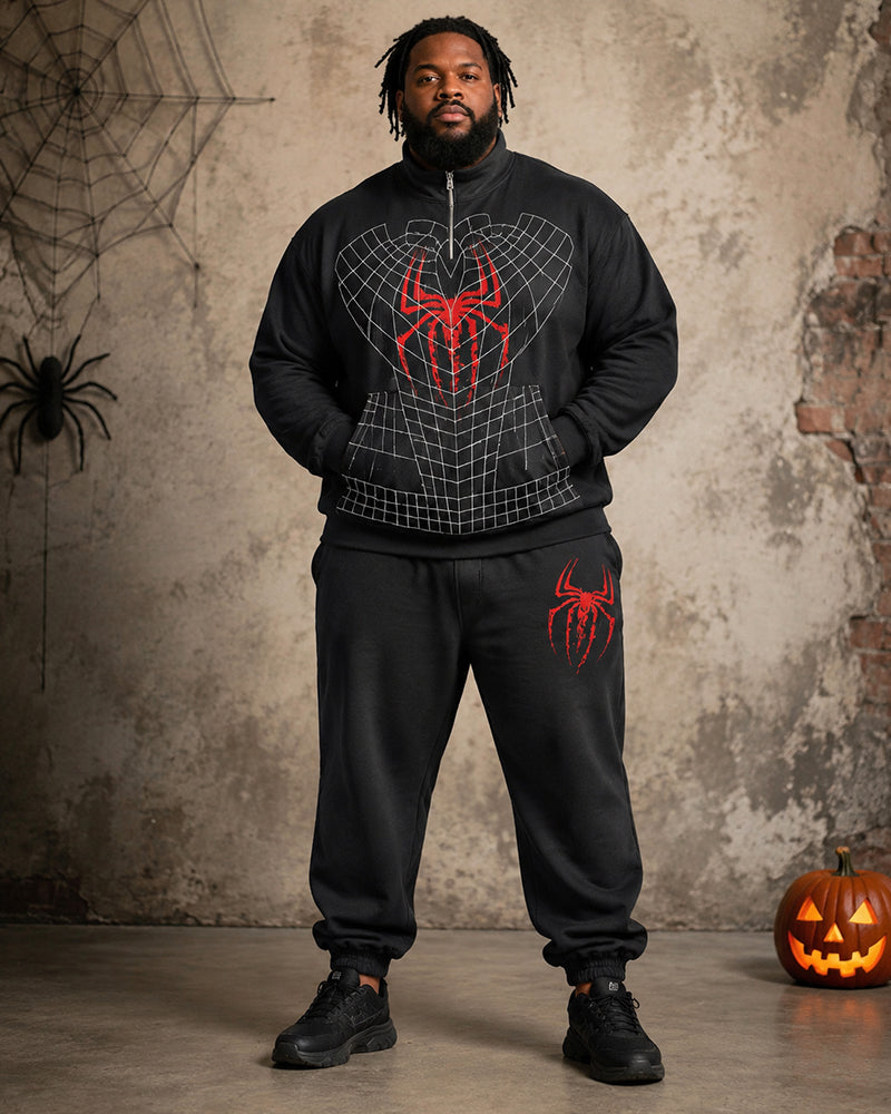 Big & Tall Men’s Halloween Red Spider Web–Print Half-Zip Hoodie Set