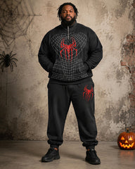 Big & Tall Men’s Halloween Red Spider Web–Print Half-Zip Hoodie Set
