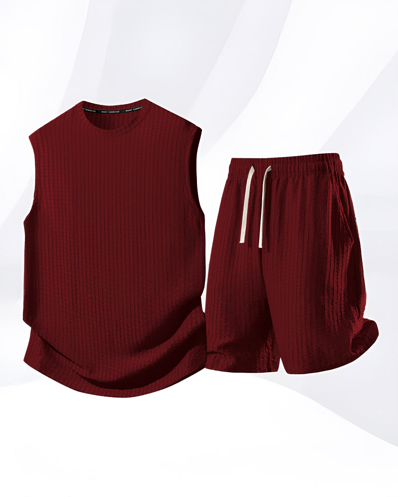 S-8XL Men's Solid-Color Ribbed Sleeveless Vest and Shorts Two-Piece Set