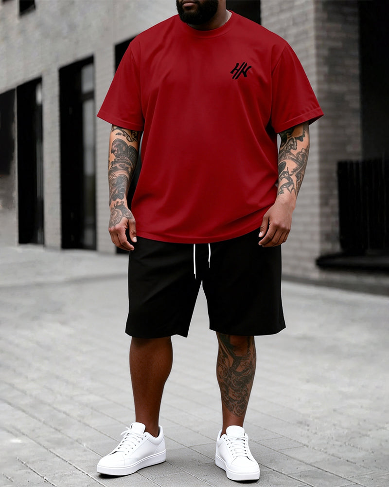Big & Tall Men's Dark Brown Letter Print Round Neck Short Sleeve T-Shirt and Shorts Set