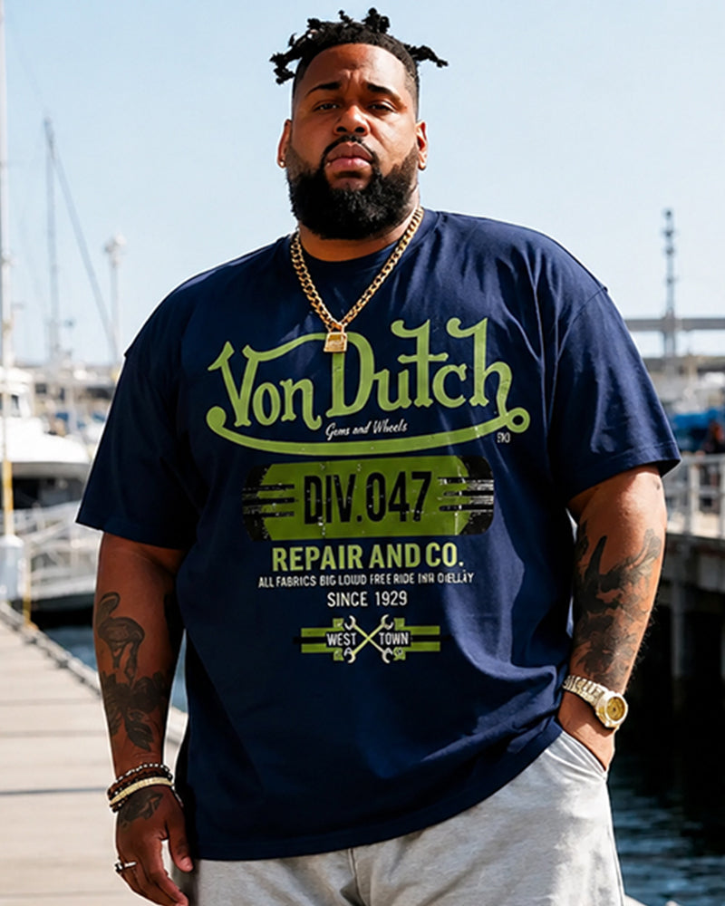 Big & Tall Men's American Vintage Von Dutch Printed Round Neck Short Sleeve T-Shirt and Shorts Set