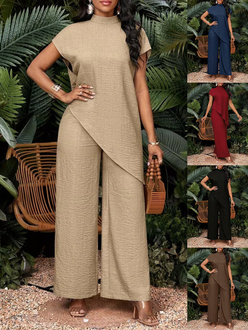 S-2XL Casual Solid Color Asymmetric Top Pants Set