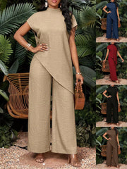 S-2XL Casual Solid Color Asymmetric Top Pants Set