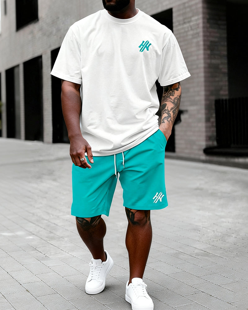 Big & Tall Men's Dark Brown Letter Print Round Neck Short Sleeve T-Shirt and Shorts Set
