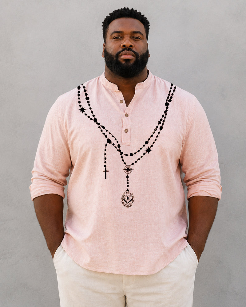 Big & Tall Men's Rosary Necklace Cross Printed Collar Long Sleeve Shirt
