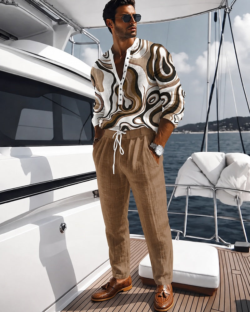 S-3XL Vintage Fluid Swirl Print Henley Shirt Drawstring Pants Two-Piece Set