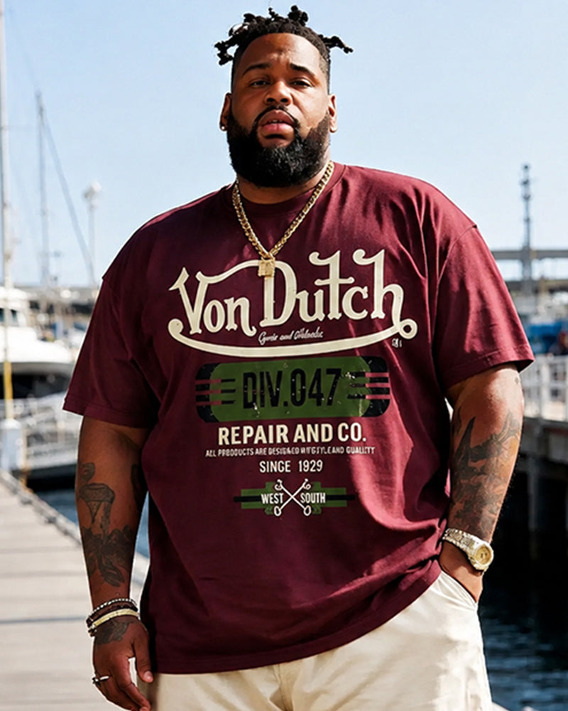 Big & Tall Men's American Vintage Von Dutch Printed Round Neck Short Sleeve T-Shirt and Shorts Set