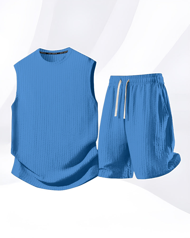 S-8XL Men's Solid-Color Ribbed Sleeveless Vest and Shorts Two-Piece Set