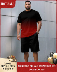 Men's Plus Size Casual Black & Red Chest Gradient Fashion Round Neck Short Sleeve T-Shirt Shorts Suit