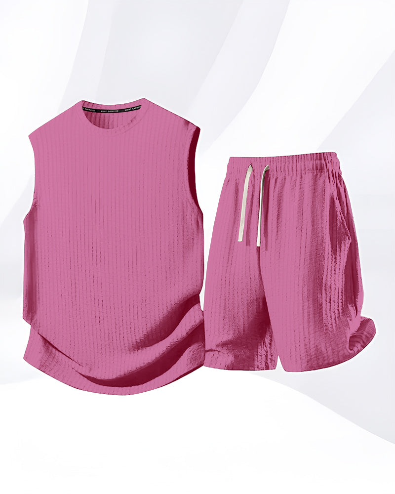 S-8XL Men's Solid-Color Ribbed Sleeveless Vest and Shorts Two-Piece Set