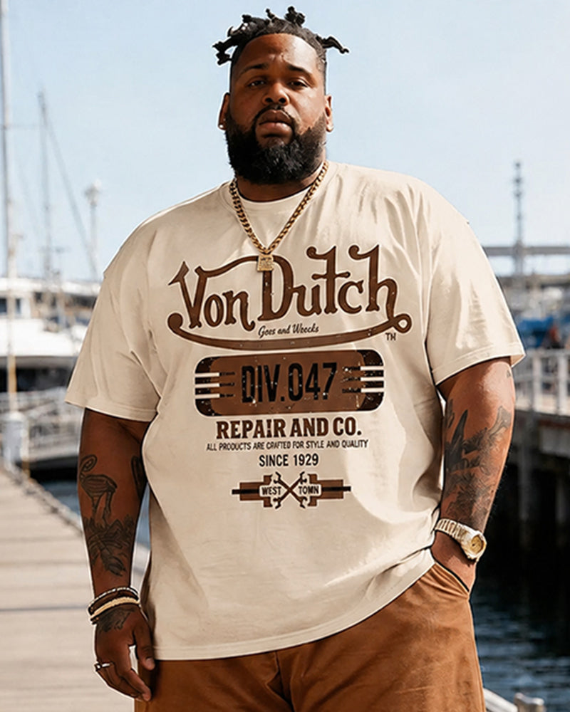 Big & Tall Men's American Vintage Von Dutch Printed Round Neck Short Sleeve T-Shirt and Shorts Set