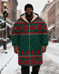 Big & Tall Men's Green Red Christmas Pattern Printed Velvet Thickened Long Hooded Coat