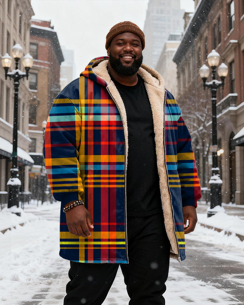 Big & Tall Men's Multicolor Plaid Velvet Thickened Long Hooded Coat