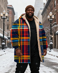 Big & Tall Men's Multicolor Plaid Velvet Thickened Long Hooded Coat