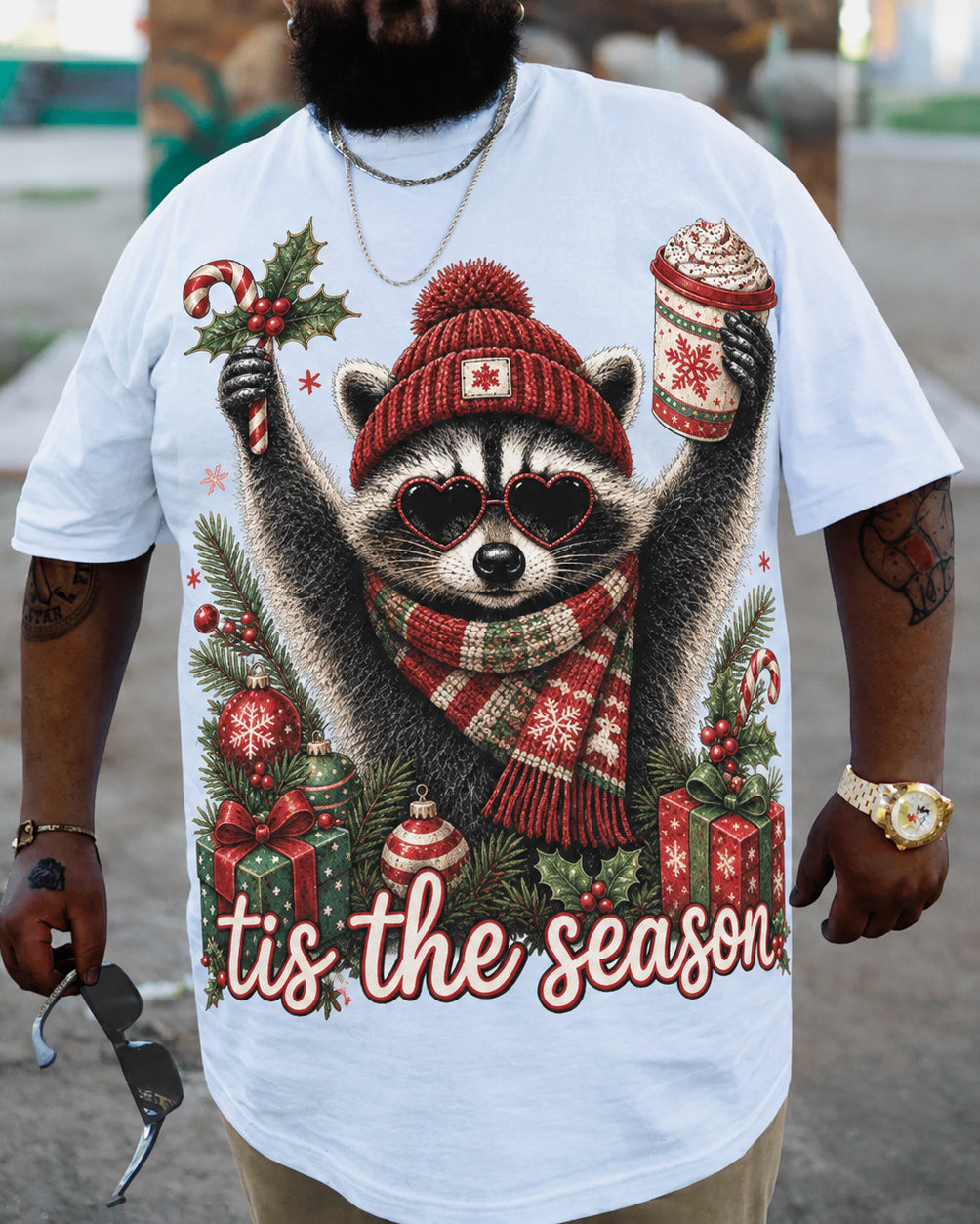 Big & Tall Men's Christmas Funny Raccoon Retro Animal Cotton T-Shirt