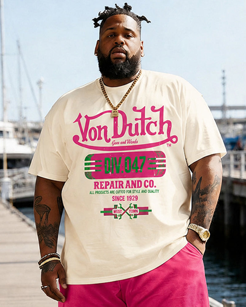Big & Tall Men's American Vintage Von Dutch Printed Round Neck Short Sleeve T-Shirt and Shorts Set