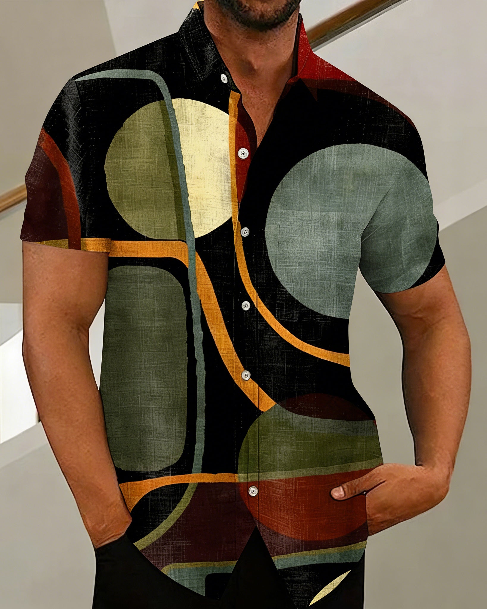 Big & Tall Men's Abstract Geometric Art Print Henry Collar Short Sleeve Shirt