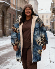 Women's Leopard-Print Feather-Print Velvet Thickened Long Hooded Coat
