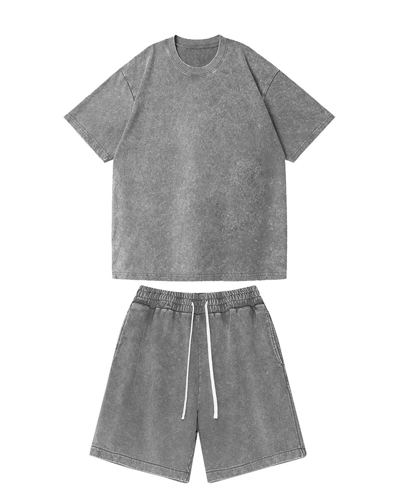 S-3XL Heavyweight Pure Cotton Washed-and-distressed T-shirt And Capri Pants Casual Set
