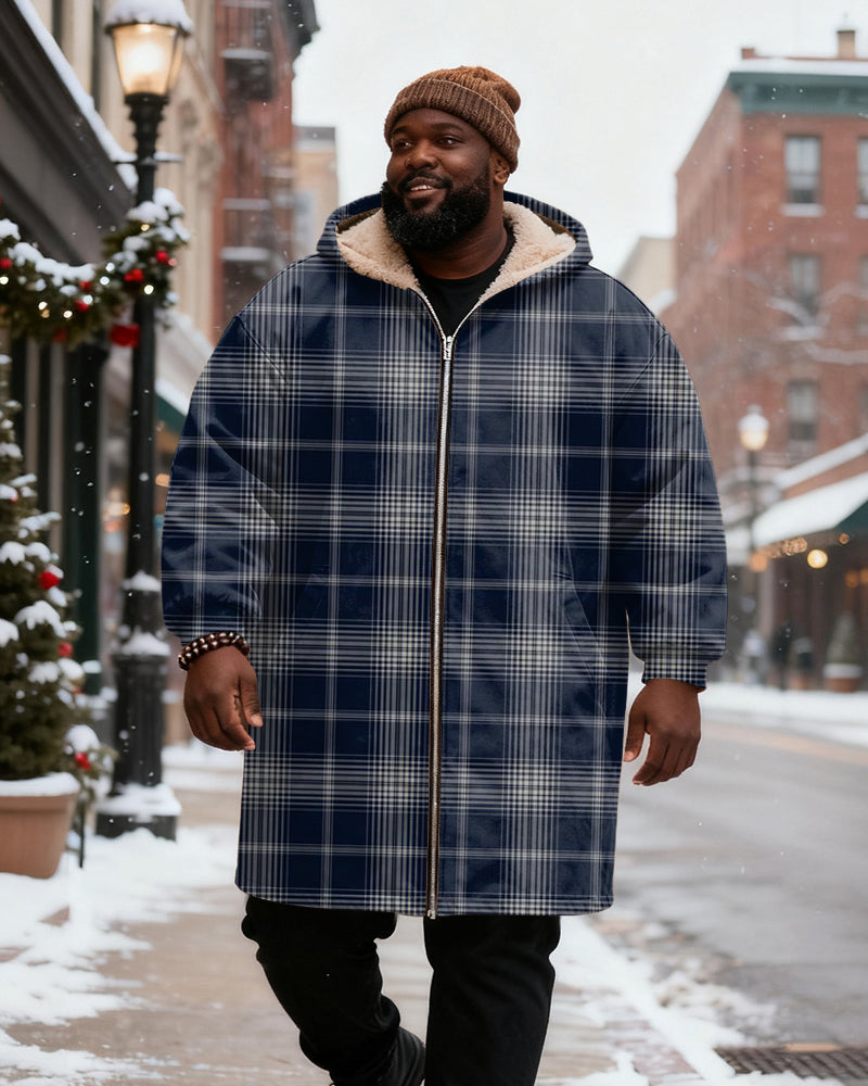 Big & Tall Men's Navy Plaid Printed Velvet Padded Long Hooded Coat