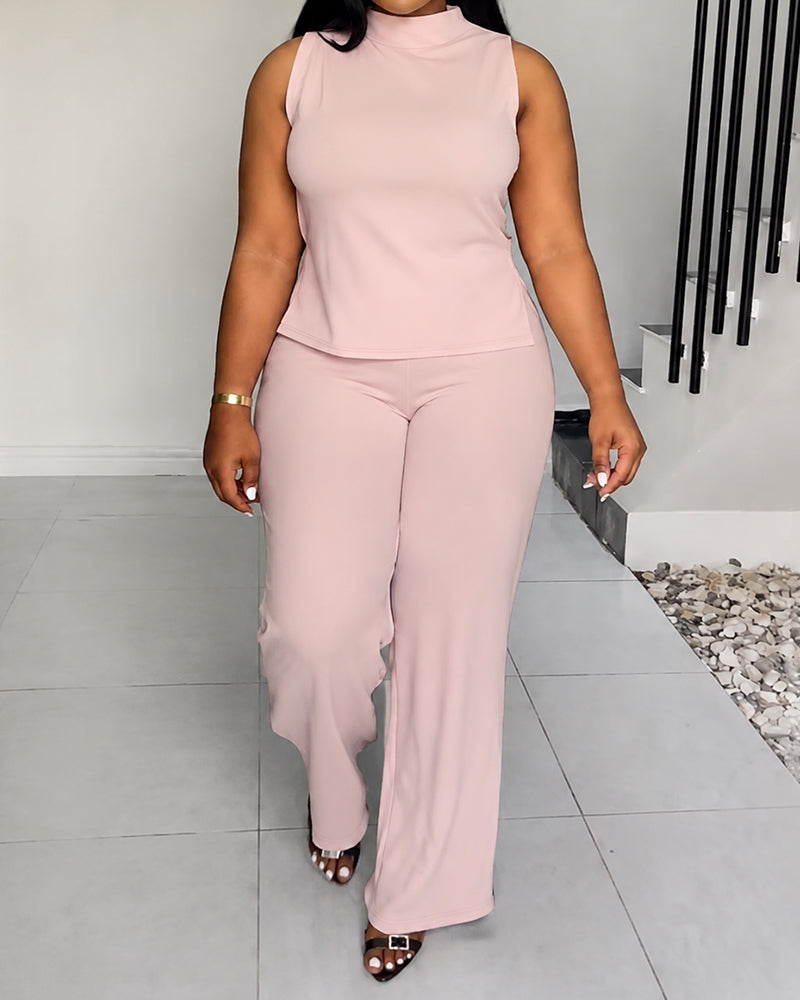 XL-4XL Women's Solid Color Casual Sleeveless Pants Set