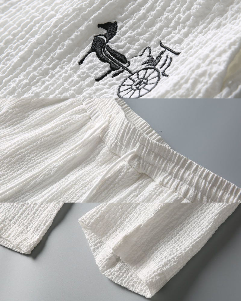 M-4XL Pleated Texture Henley Carriage Embroidered Short Sleeve Pants Set