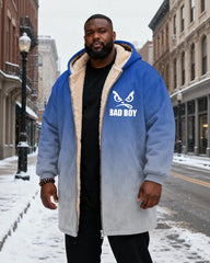 Big & Tall Men's "BAD BOY" Orange Black Gradient Printed Velvet Padded Long Hooded Coat