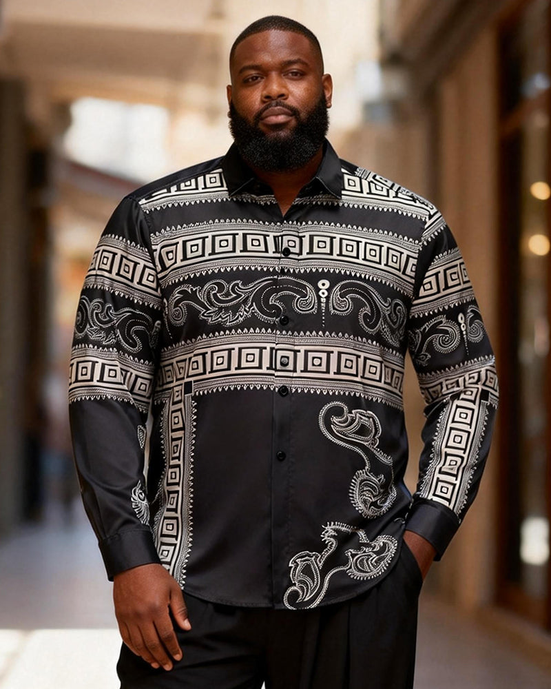 Big & Tall Men's Black And White Geometric Cashew Flower Stitching Printed Long Sleeve Shirt