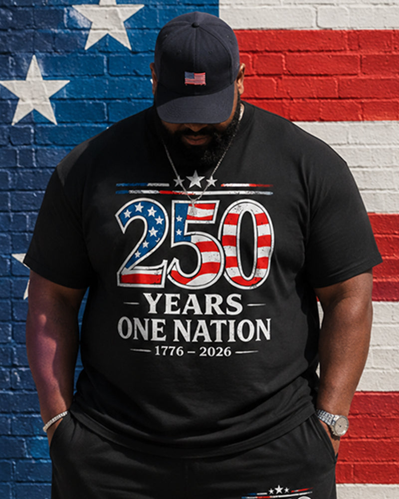 Big & Tall Men's 250 Anniversary Flag Alphabet Print Crewneck Short Sleeve T-Shirt Shorts Set