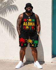 Big & Tall Men's Reggae ALOHA Alphabet Coconut Tree Star Print Tank Top Shorts Set