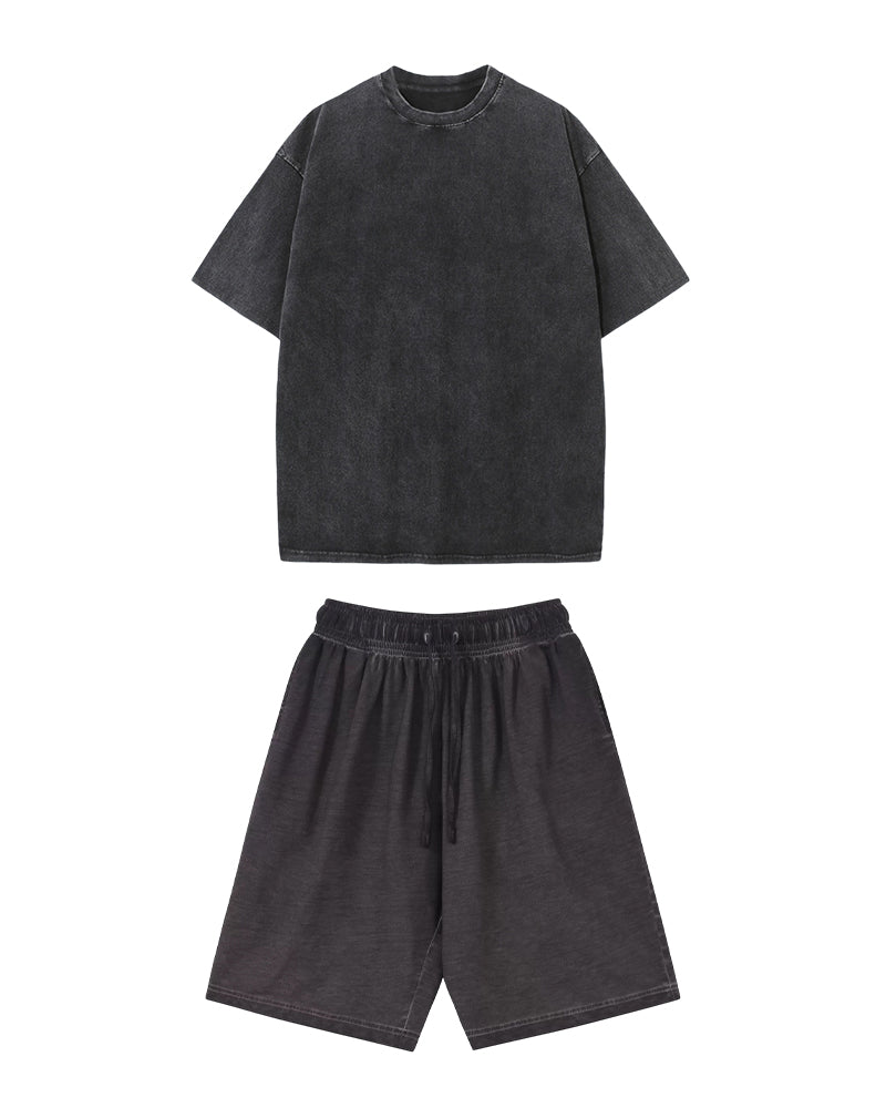 S-5XL Men's Cotton Batik Washed Old Loose T-shirt Shorts Set