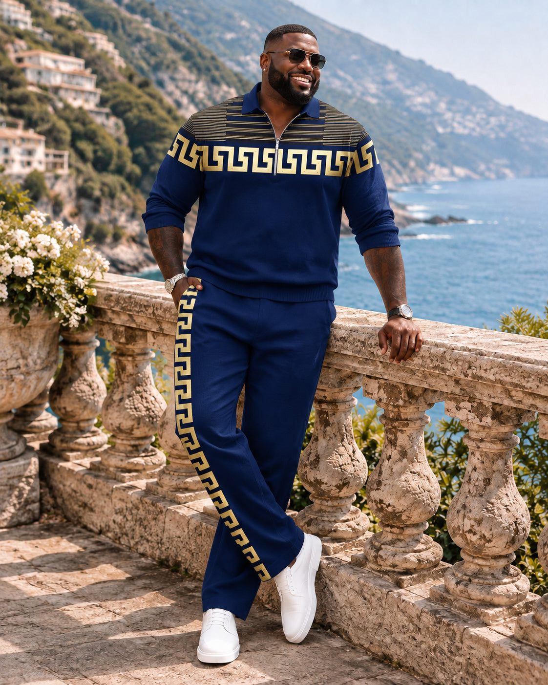 Big & Tall Men's Navy Blue Gold Greek Key Pattern Half Zip Sweatshirt Set