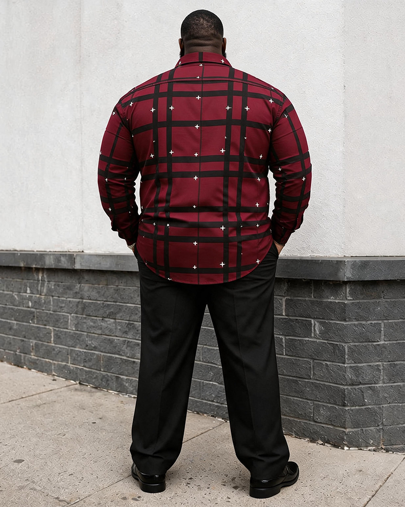 Big & Tall Men's Red And Black Check Small Cross Printed Long Sleeve Shirt Trousers Set