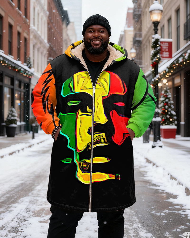 Big & Tall Men's Green, Yellow And Red Art Head Contrast Printed Velvet Thickened Long Hooded Coat