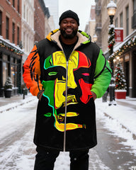 Big & Tall Men's Green, Yellow And Red Art Head Contrast Printed Velvet Thickened Long Hooded Coat