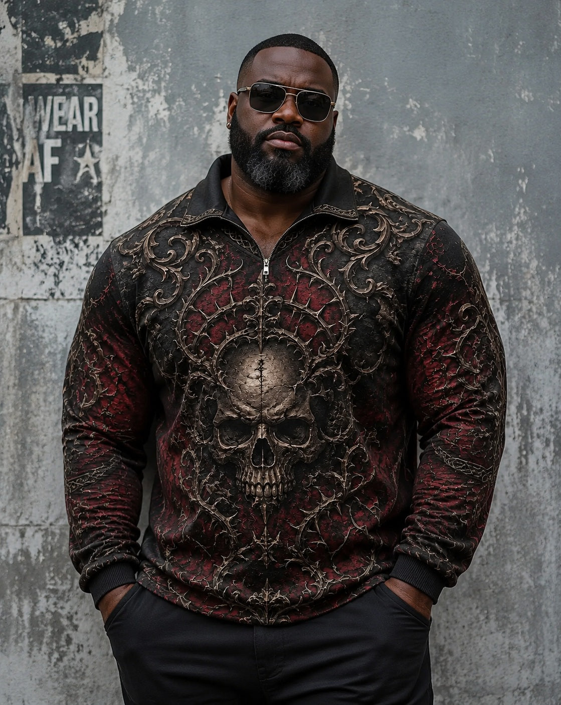 Big & Tall Men's Halloween Thorn Embossed Vintage Skull Print POLO Collar Zipper Long Sleeve