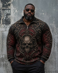 Big & Tall Men's Halloween Thorn Embossed Vintage Skull Print POLO Collar Zipper Long Sleeve