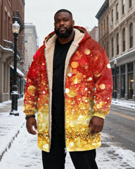 Big & Tall Men's Red Gradient Gold Sequins Printed Velvet Padded Long Hooded Coat