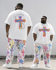 Big & Tall Men's Graffiti GOD IS GOOD Cross Print T-Shirt Trousers Set