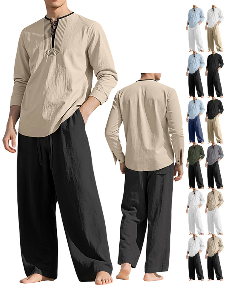 S-3XL Linen Breathable Long Sleeve Trousers Beach Suit