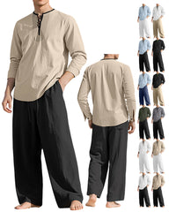 S-3XL Linen Breathable Long Sleeve Trousers Beach Suit