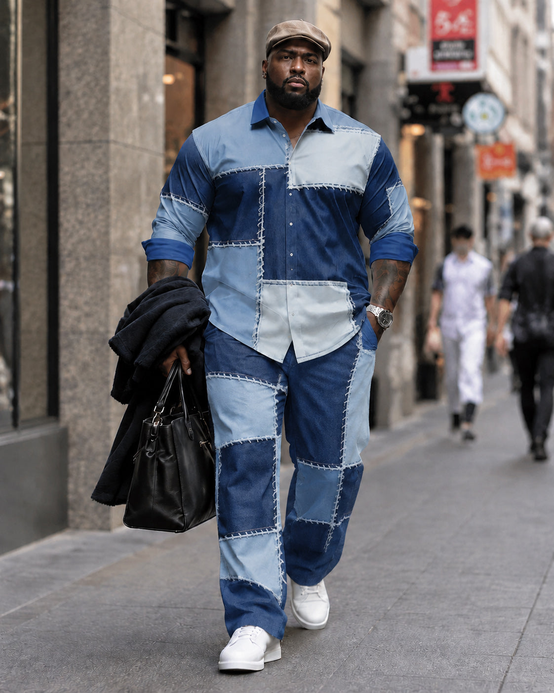 Big & Tall Men's Color-block Denim Patch Print Long Sleeve Shirt Pants Set