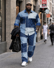 Big & Tall Men's Color-block Denim Patch Print Long Sleeve Shirt Pants Set