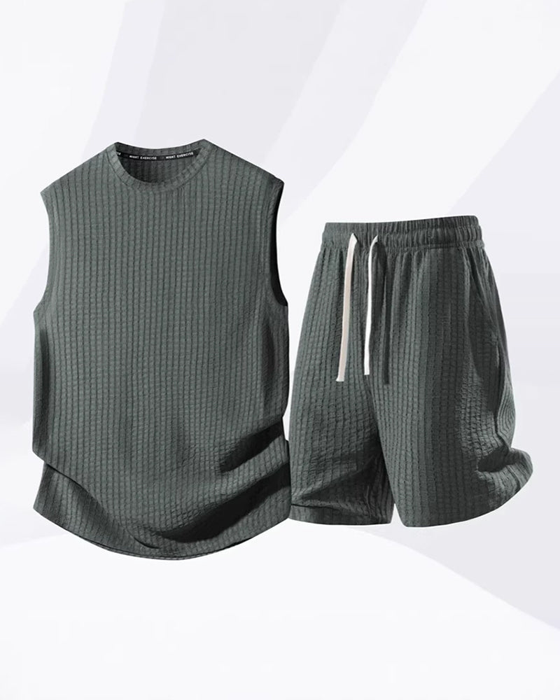 S-8XL Men's Solid-Color Ribbed Sleeveless Vest and Shorts Two-Piece Set