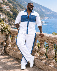 Big & Tall Men's Playful Denim-style Patchwork Print Long Sleeve Shirt Pants Set