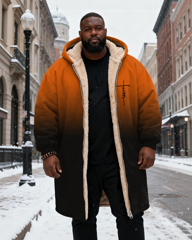 Big & Tall Men's Faith Gradient Print Velvet Thickened Long Hooded Coat