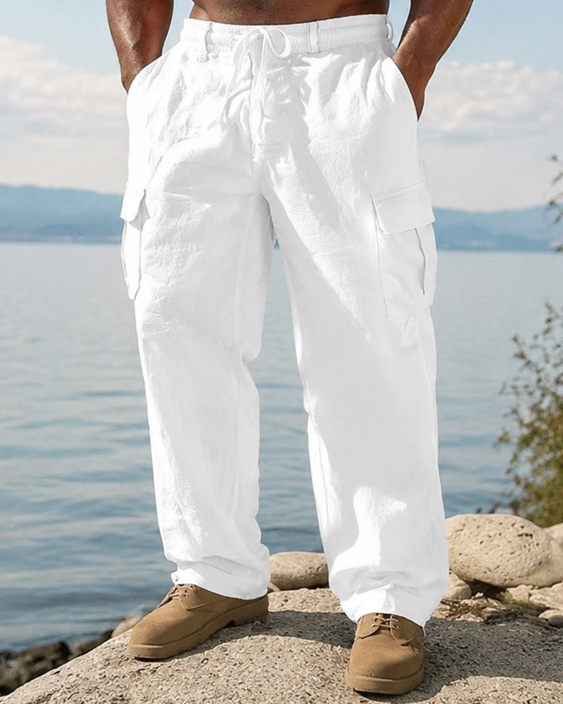 S-3XL Men's Cotton And Linen Overalls Multi-pocket Loose-fit Trousers