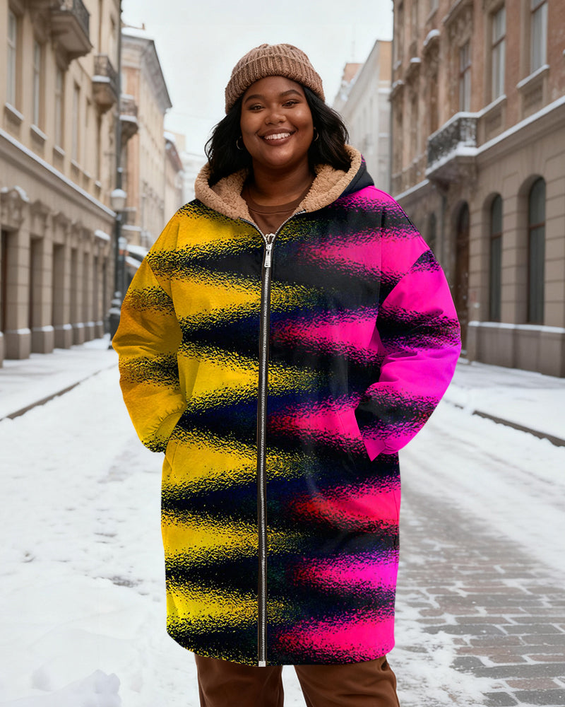 Yellow Pink Contrast Gradient Stripe Printed Velvet Thickened Long Hooded Exterior